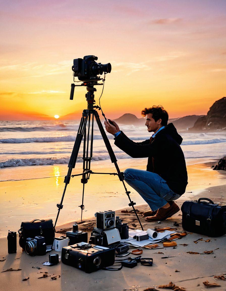 A film photographer capturing the golden hour on a scenic beach, with a vintage camera in hand surrounded by various photography gear like tripods and film rolls. Include a vibrant sunset illuminating the beach, symbolizing passion and creativity, while subtly showcasing insurance documents on a nearby rock. The scene should evoke feelings of joy, protection, and artistic expression. super-realistic. vibrant colors. natural landscape.