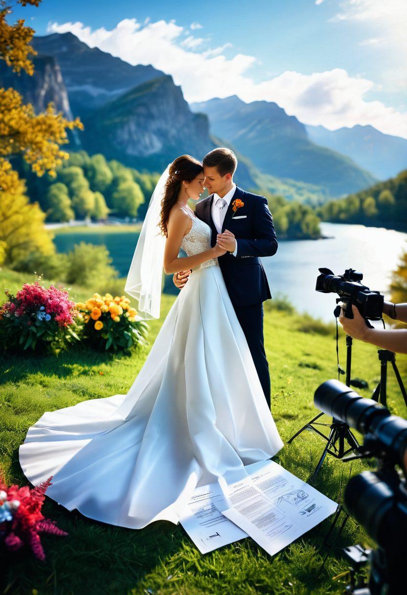 A dynamic scene showcasing a passionate photographer capturing stunning images at a wedding, while surrounded by vibrant scenery and professional camera gear. In the background, incorporate a semi-transparent overlay of various insurance documents and coverage symbols, representing comprehensive insurance solutions. The mood should be warm and inviting, emphasizing both creativity and security. super-realistic. vibrant colors. soft blur effect.