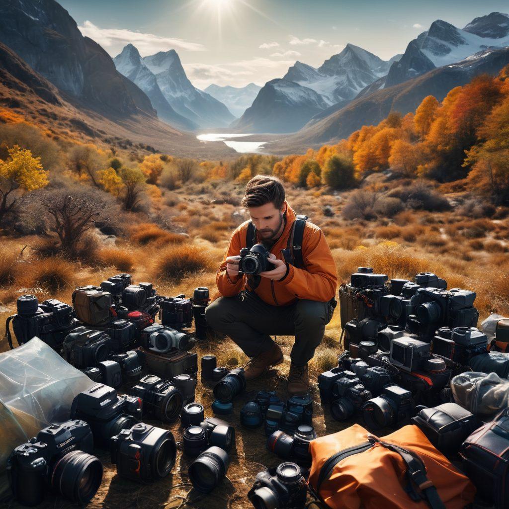 A visually striking scene depicting a professional photographer surrounded by various camera gear, all protected by stylish, transparent covers. The background features a soft-focus landscape of breathtaking nature to emphasize the importance of coverage in outdoor photography. Include a sense of adventure with subtle elements like a compass and map, symbolizing navigation. vibrant colors. super-realistic.